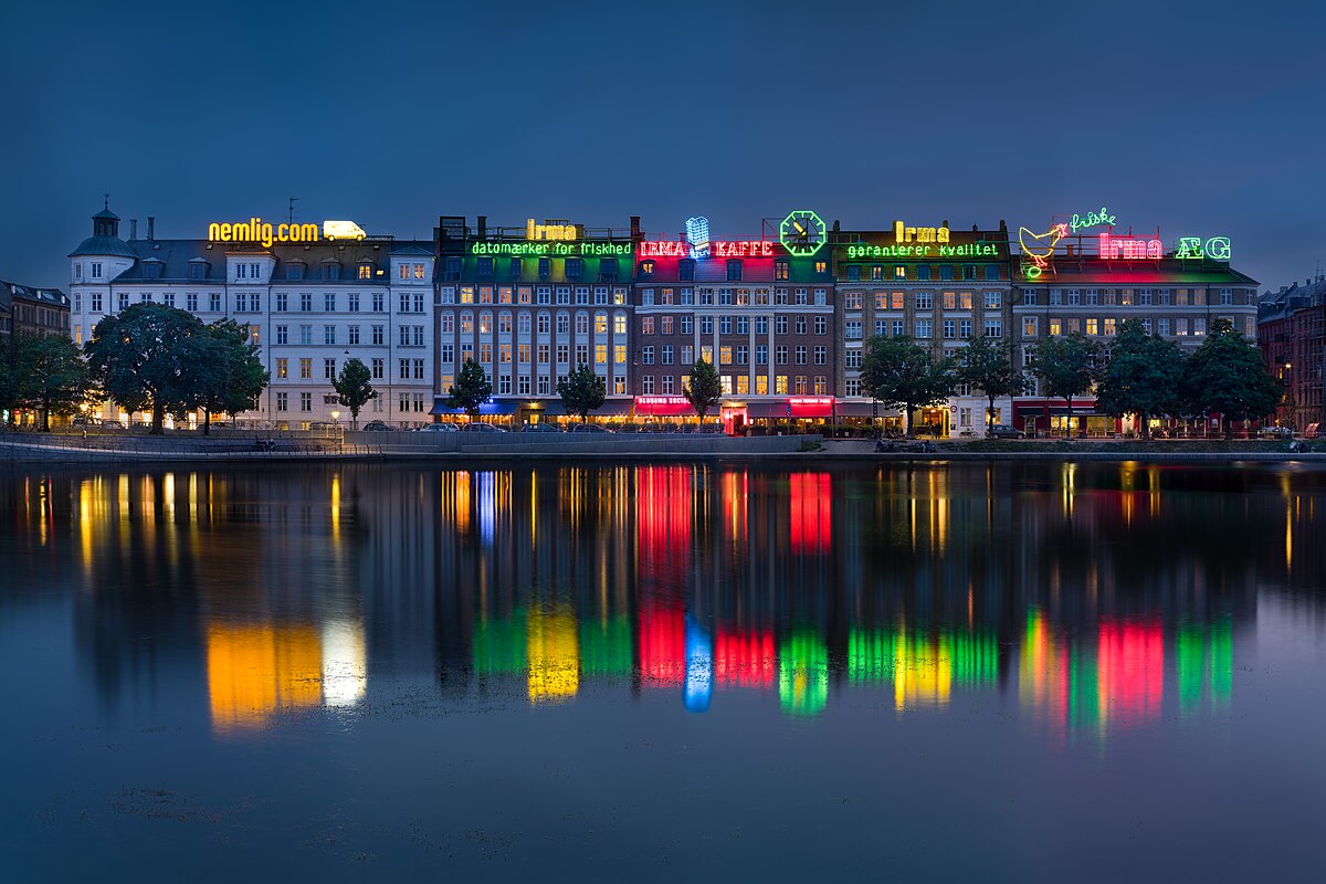 Copenhagen cityscape and skyline by the Copenhagen Lakes